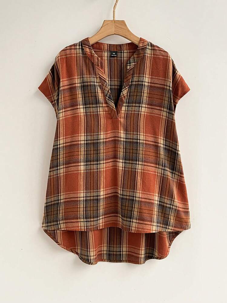 Plus Size Women Striped V-Neck Batwing Short Sleeve Casual Loose Fit Tunic Blouse Summer Summer Outfit For Women Festival Outfits For Women Beach Outfits For Women Vacation Outfits Women Holiday Outfits  For Women Country Concert Outfit  Brown Plaid Tunic Top Summer Tops Casual Blouse For Women Women's Plaid Blouse