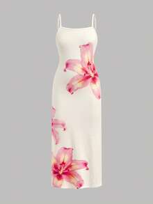 Tween Girl Casual Vacation Apricot Tropical Floral Print Slit Hem Dress - Apricot - View 6
