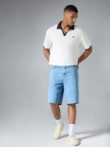 SUMWON Contrast Collar Polo Short Sleeve Cropped Boxy Fit Top With Monogram Embroidery Summer Essential - Apricot - View 4