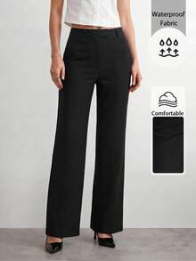 SHEIN ICON 女款休閒極簡黑色拉鍊開襟寬鬆直筒長褲，適合日常穿著、冬季女裝、老錢風、高腰、復古工裝風、商務休閒女裝、辦公室商務女裝長褲、小個子女裝商務休閒 - 黑色 - 查看 11