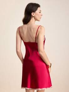 Hourtrue Valentine's Day Sexy Contrast Color Lace V-Neck Open Shift Dress For Women Luxeloungewear - Red - View 2