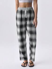 Loungeista Set Piyama Wanita 2 Potong Atasan Lengan Pendek Leher Bulat Bermotif + Celana Panjang Lurus Pinggang Elastis untuk Musim Panas - Grey - View 11