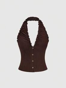 Sweetra Top con dobladillo corto con volantes y encaje estilo romántico preppy, chaqueta con parche de encaje y botones en la cintura, adecuado para uso diario, salidas, playa, primavera/verano/otoño - Marrón - Ver 3