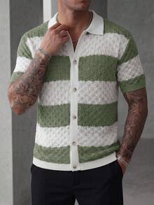 Manfinity Homme 男士撞色翻领镂空短袖针织 Polo 开衫，休闲夏季假日针织衫 - 綠色 - 查看 5