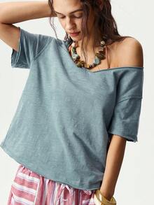 Bohemela Casual Solid Color V-Neck Short Sleeve Loose T-Shirt For Women,Summer Top - Green - View 3
