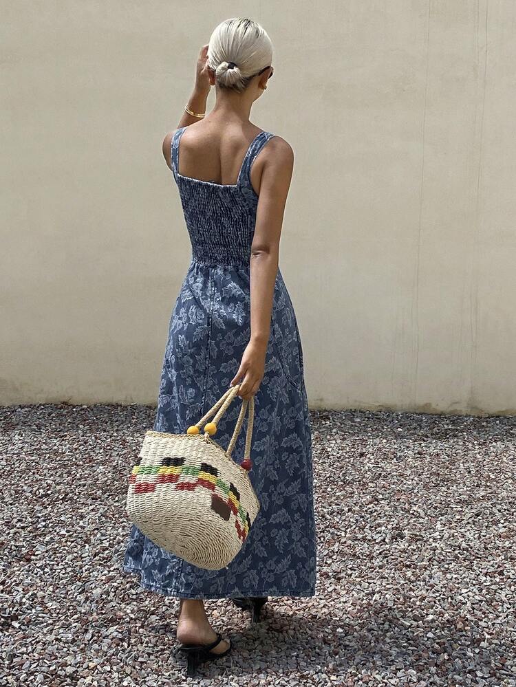 Floral Print Waist Cinched A-Line Dress, Casual Summer Holiday Denim Dress For Women