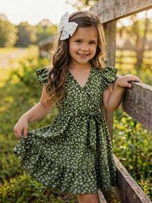 Emery Rose Kids Emery Rose Kids Váy thường ngày cổ chữ V họa tiết hoa nhí cho bé gái - màu xanh lá - Xem 1