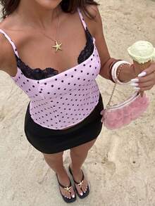 Modelyn Women's Contrast Lace Pastal Polka Dot Print Camisole Night Out Vacation Beach Golf Summer Sexy 90s Cute Y2k Cardigan Top Pink Polka Dot - Purple - View 1