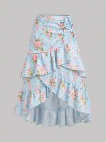 SHEIN MOD Plus Size Women Floral Print Ruffle Hem Asymmetric Skirt - Blue - View 7