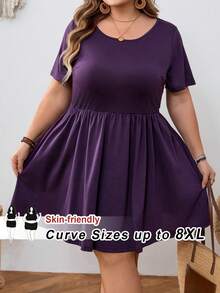 SHEIN CURVE+ Đầm ngắn tay màu trơn dành cho nữ cỡ lớn - Màu tím - Xem 8
