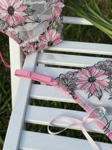 DAZY 2pcs Colorful Floral Lace Semi-Sheer Sexy Lingerie Set For Women - Pink - View 6