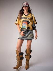 Nick 90s | SHEIN Women's V-Neck Raglan Short Sleeve Streetwear Country T-Shirt 90s Rave Concert Gold Summer - Light Yellow - View 6
