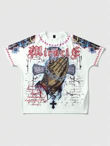 ROMWE MEN Men's Letter Gesture Print Round Neck Casual Loose T-Shirt - Khaki - View 4