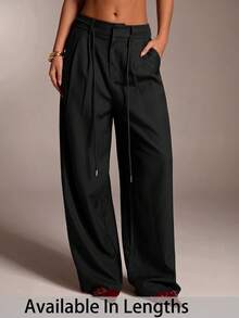 SHEIN Tall CURVE CURVE 大尺碼女款高個子寬腿褲，高腰黑色休閒辦公度假長褲，日常商務休閒優雅秋季款 - 黑色 - 查看 6