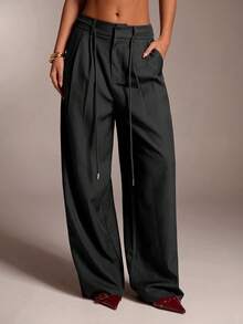 SHEIN Tall CURVE CURVE 大尺碼女款高個子寬腿褲，高腰黑色休閒辦公度假長褲，日常商務休閒優雅秋季款 - 黑色 - 查看 12