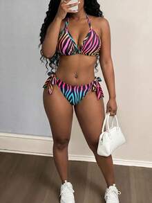 Maweii Plus Size Contrasting Zebra Print Halter Cami Strap Fashion Summer Bikini Set Set Vacation - Multicolor - View 5
