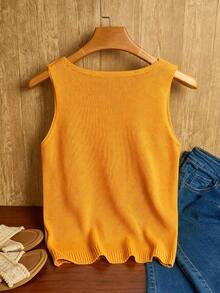 EMERY ROSE Women's Solid Color Hollow V-Neck Sleeveless Knit Top Beach Vacation Golden Yellow Summer Tropical - Pale Yellow - View 2