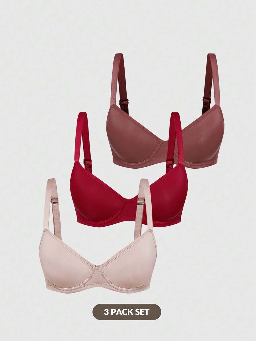 SHEIN 3pcs Comfortable Bras & Wireless Bras (Red + Beige + Reddish Brown) - Multicolor - View 1