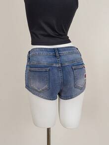 Amplova Women's Casual Everyday Pocketed Button Denim Shorts - Dark Wash - View 2