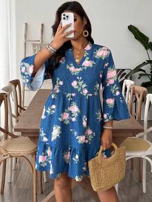 SHEIN VCAY 大码女式假日休闲仿牛仔印花V领泡泡袖腰部A字浪漫短裙 - 藍色 - 查看 5