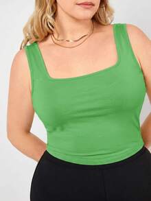 SHEIN BASICS Tank Top Polos Kasual Ukuran Plus, Serbaguna untuk Pakaian Santai Musim Panas, Atasan Musim Panas Hijau Muda, Pakaian Formal Liburan - Hijau - View 5