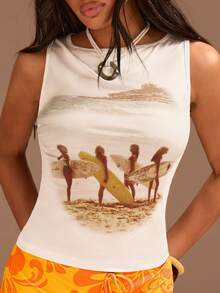 Athîral Women's Casual Versatile Round Neck Figure Print Tank Top - White - View 1