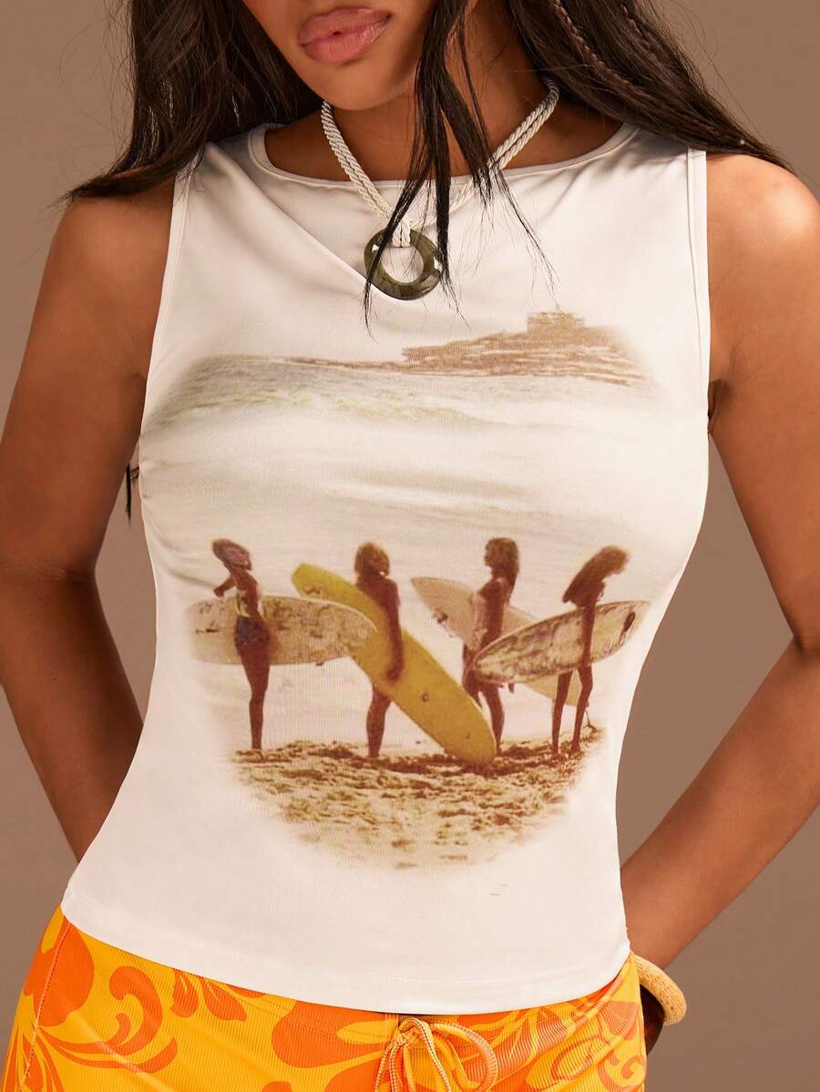 Athîral Women's Casual Versatile Round Neck Figure Print Tank Top - White - View 1