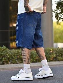 Devon Thys Men's Casual Ripped Straight Leg Blue Denim Shorts, Street Fashion For Spring/Summer - Dark Wash - View 6
