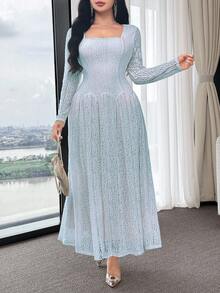 Feyla 女款方領長袖優雅蕾絲中長洋裝 - 淺藍色 - 查看 5