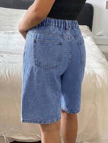 SHEIN Quần short denim ống rộng dáng casual dành cho nữ tuổi teen, có túi. - Rửa trung bình - Xem 2