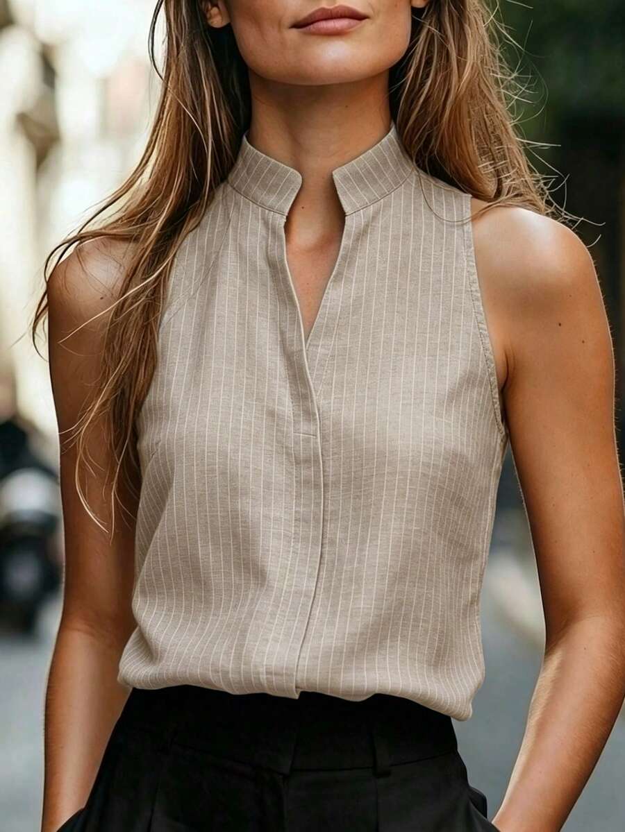 Balvessa 女款條紋休閒百搭日常穿著襯衫 - 杏色 - 查看 1
