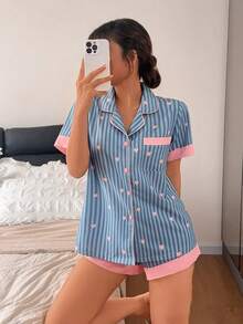 Napfluff 女士条纹爱心印花 Polo 领短袖短裤睡衣套装 - 霧霾藍 - 查看 4