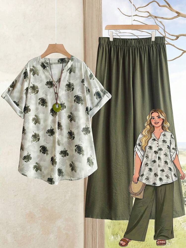 Plus Size Women Floral Print Short Sleeve Shirt And Pants Casual 2 Piece Set Summer Summer Outfit For Women Festival Outfits For Women Beach Outfits For Women Vacation Outfits Women Holiday Outfits  For Women Country Concert Outfit Casual Sets For Women