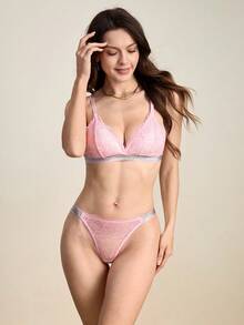 Hourtrue 2 件套蕾丝优雅性感金属丝带女士内衣套装 - 粉色 - 查看 3
