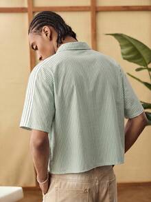 SWAVVY 男士夏季休闲条纹拼接短袖衬衫 - 綠色 - 查看 4