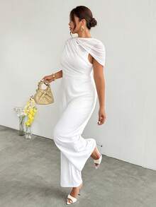 Firerie Plus Size Women Elegant Minimalist Poncho Design Mesh Patchwork Loose Jumpsuit, Versatile For Daily Wear White Wedding Guest Graduation Party - White - View 6