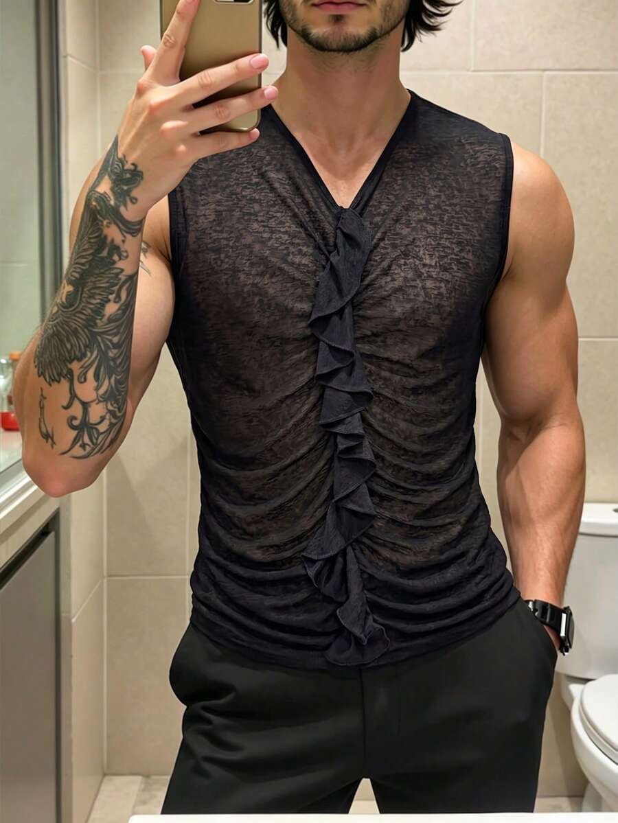 Manfinity Dauomo 男士夏季修身性感透视褶皱背心 - 黑色 - 查看 1
