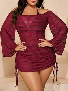 Swim SXY Plus Size Women Solid Color Off-Shoulder Long Sleeve Coverup Dress - Burgundy - View 1