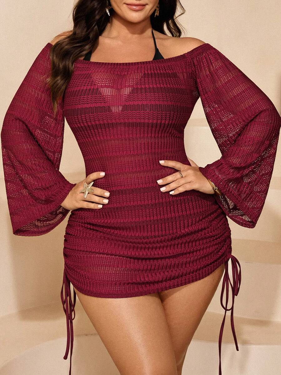 Swim SXY Plus Size Women Solid Color Off-Shoulder Long Sleeve Coverup Dress - Burgundy - View 1