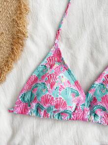 Girlism Bộ bikini hai mảnh in hình vỏ sò dành cho bé gái tuổi teen, kiểu dáng thường ngày đi nghỉ mát, trang phục đi biển, họa tiết vỏ sò, phong cách đi biển mùa hè, bộ bikini hở lưng. - Nhiều màu - Xem 7