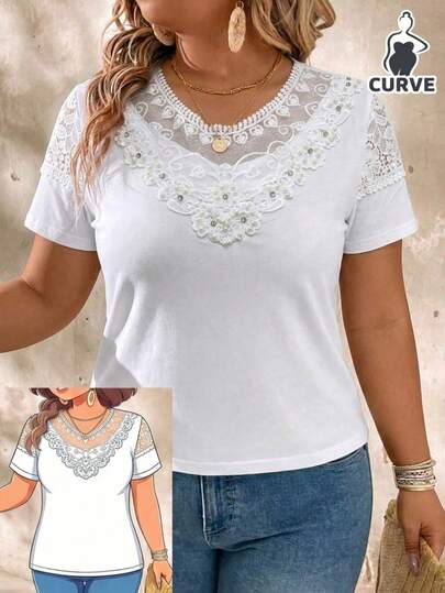 Blusa de Mujer Talla Extra Curve Plus Size de Lino con Encaje, delgada, cómoda, Casual, Mangas 3/4. Ideal para verano, Playa, Días calurosos, Viajes, Día de Primavera