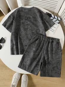 Vacaura 2pcs Teens Summer Streetwear Beach Back-To-School Minimalist High Street Solid Crew Neck Knit T-Shirt And Shorts Set,Comfortable Fashionable Outfit - Dark Grey - View 2