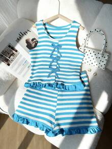 2pcs/Set Striped Bow Tie Sleeveless Crop Top,Ruffle Hem Shorts Set For Teenage Girls,Summer,Cute,Matching,Family Vacation,Sweet & Spicy Style Outfit - Multicolor - View 3