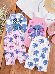 White,Summer,Cute,Family Matching Baby Girl Casual Strap Romper,Kawaii Cartoon Blue Rabbit Lulu & Stitch Pattern,Ballerina Style Blue Gradient Floral - Multicolor - View 4