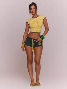 MUSERA Áo thun crop top họa tiết tương phản cho bé gái, thích hợp cho mùa xuân hè, kỳ nghỉ, lễ hội Ibiza, phong cách boho, thanh lịch, thường ngày, lễ hội hóa trang. - Màu vàng - Xem 5