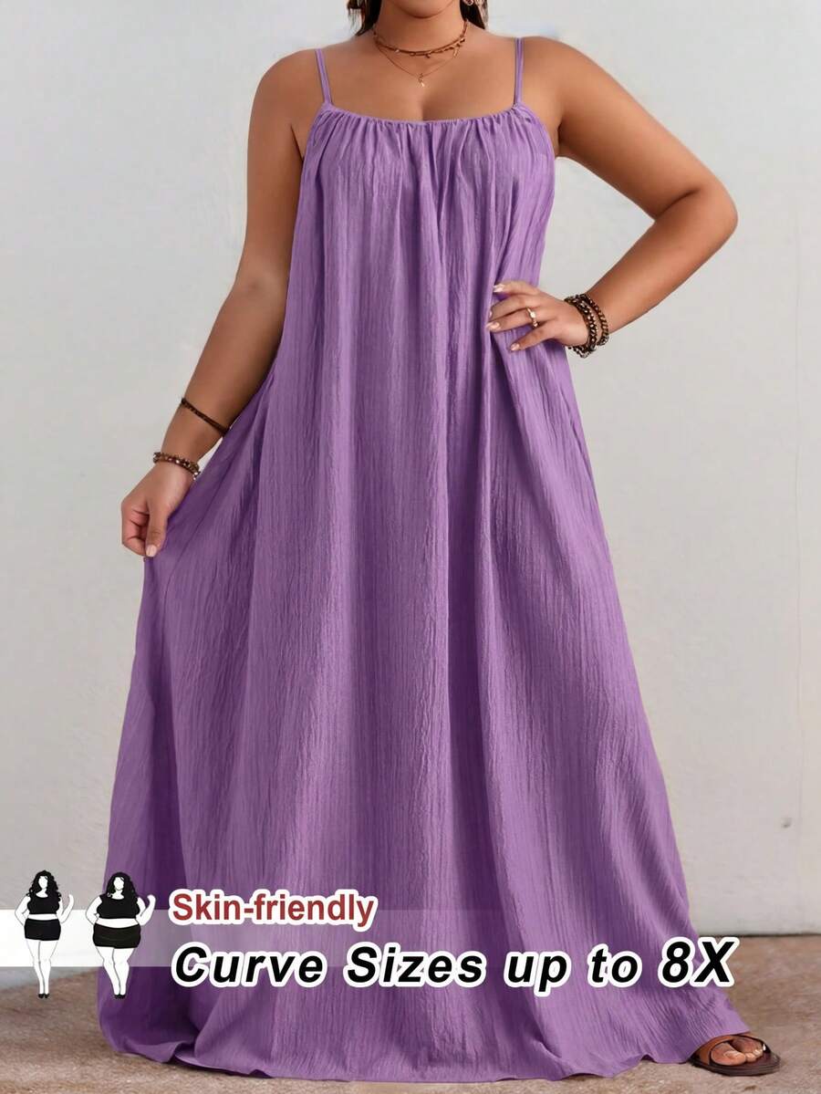 SHEIN CURVE+ 大码曲线/秋季服装/女士秋季服装/女士冬季服装/冬季服装大码纯色褶皱细节休闲吊带连衣裙,适合生日派对、毕业典礼、学生装、日常休闲、度假等场合。 - 紫色 - 查看 1