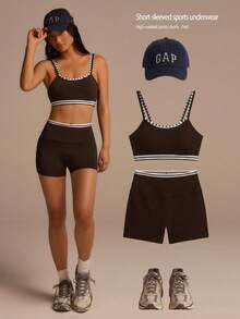 Fluxe Women Striped Cropped Camisole And Shorts Casual 2 Pieces Set - Brown - View 9