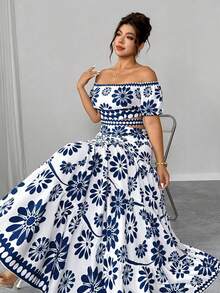 Elenzga Plus Size Two-Tone Print Off-Shoulder Waist Hollow Back Bow Decor Flared Maxi Dress, Elegant Boho For Outing, Date Beach Vacation, Party, White Summer - Blue and White - View 4