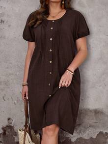 EMERY One Size Solid Color Button Front Casual Summer Dress - Brown - View 7
