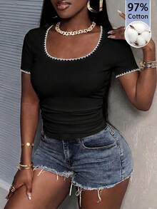 Slaydiva 97% Cotton Ribbed Casual Basic Summer Round Neck Short Sleeve Slim Fit Side Ruched Ribbed Stretchy T-Shirt,Summer Top - Black - View 2